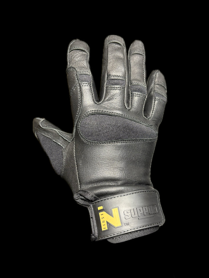 Black utility glove with visible branding on a black background